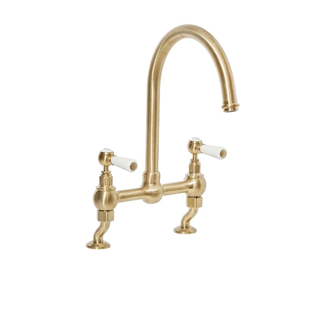 Milano Brushed Brass Elizabeth Lever Handle Bridge Kitchen Sink Mixer Tap Swivel Spout - Brass