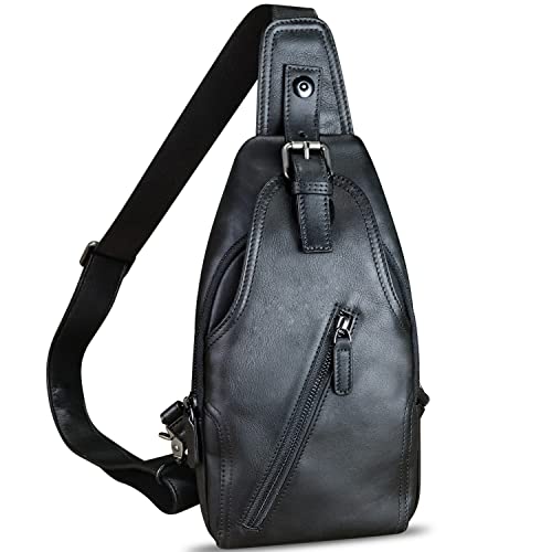 Genuine Leather Sling Bag Multifunction Crossbody Hiking Fanny Daypack Vintage Chest Shoulder Backpack Motorcycle Purse (Darkgray)