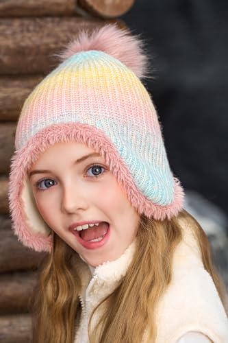 Girls Winter Beanie Hat with Ear Flaps Kids Warm Fleece Lined Pom Pom Knit Hats Snow Ski Cap 4-10 Years2