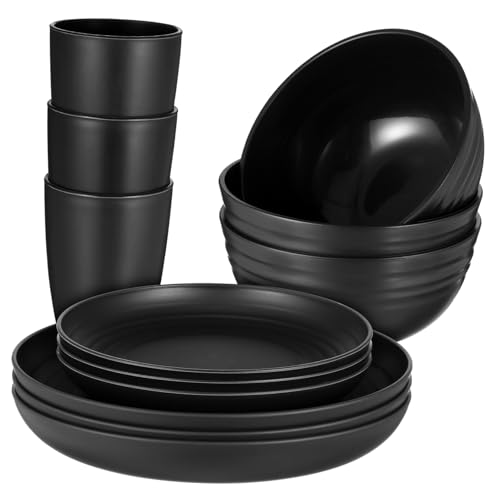 VINTORKY Wheat Straw Dinnerware Set Camping Plates and Bowls Picnic Utensils 4pc for Home Outdoor Dorm