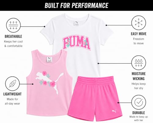 Image of PUMA Girls Active Shorts Set - 3 Piece Performance T-Shirt, Tank Top, Gym Shorts - Summer Athletic Outfit for Girls (7-14)