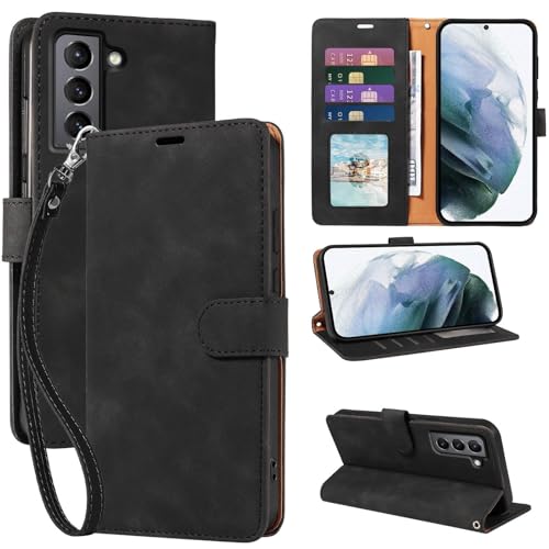 JHWVVTF Wallet Case for Samsung Galaxy S21 - RFID Blocking PU Leather Flip Folio Cover 4 Card Slots & Cash Pocket Kickstand Detachable Wrist Strap Shockproof Protective Case (Black)