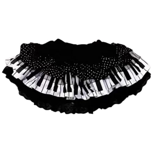 Piano Skirt, Womens Piano Key Trendy Lace Pleated Cute Skirts with Elastic Waist, Black and White