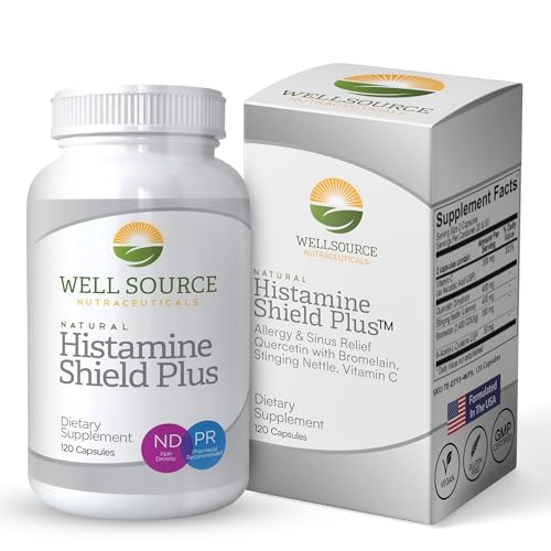 Histamine Shield Plus™ Natural Antihistamine Supplement for Adults, Sinus & Allergy Relief for Pollen, Pet Dander, Dust, Mold, and Odors, Quercetin with Bromelain & Stinging Nettle 120 Capsules