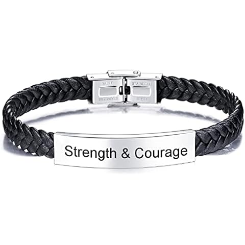 VIBOOS Name Bracelet for Him Customized Bracelets for Men Personalized Stainless Steel Genuine Leather Engraving Adjustable(Black Belt) Cover