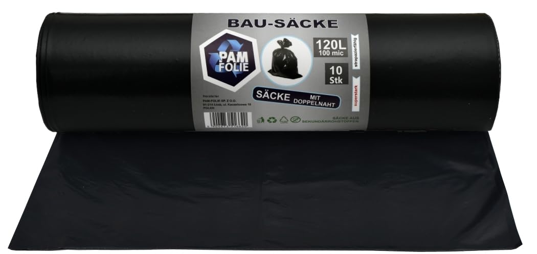 Pam-Folie Black, 120 L/100 Μm Bin Bags, 120 L, Pack Of 10, Extra Thick, Strong Waste Bags, Professional, 70 X 110 Cm, Black Bin Liners, Rubble Bags, Bags For Rubble Waste