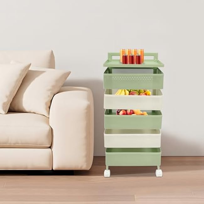 5-Tier Rotating Kitchen Organizer - No Assembly Rolling Cart for Fruits & Bathroom, Space-Saving Storage Rack in Green & White, Versatile Kitchen & Bathroom Solution-P5mspxJ6