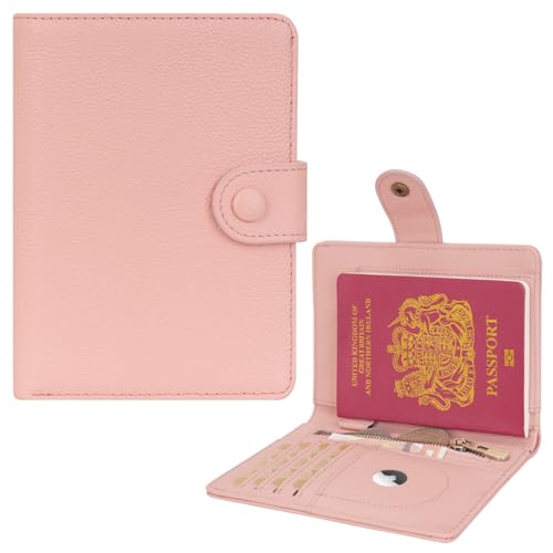 WASON Funda Pasaporte en Piel Auténtica con RFID, Cartera de Viaje, Ranuras para Tarjetas, Bolsillo para Efectivo, Monedero, Ranura Rastreador, Organizador Billetes Avión para Hombre y Mujer(Rosa)
