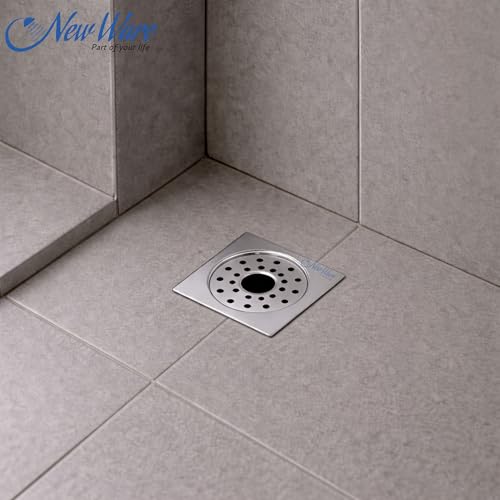 Image of NEW WARE Square 4x4 Inch Stainless Steel Bathroom Jali Trap Floor Drain with Center Hole | Heavy Duty Chrome Finish Water Drain Grating | Rust Proof Anti Clog Drain Cover for Bathroom Kitchen Balcony