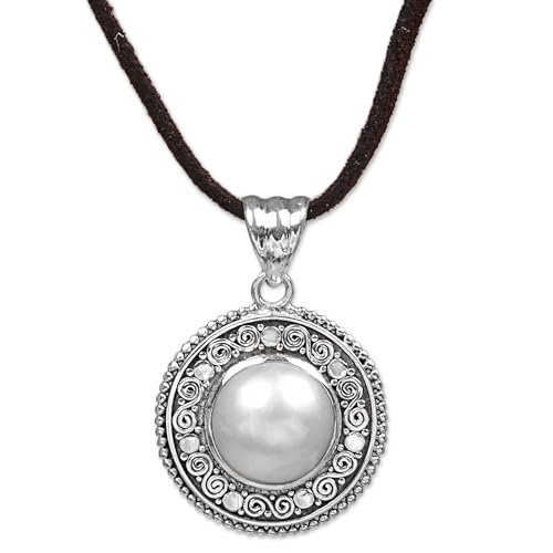 NOVICA Artisan Handmade Cultured Mabe Pearl Pendant Necklace | Leather Cord | Indonesia | 'White Orb' | 18.5" L x 2 mm W | Pendant: 1.4" H x 0.9" W x 0.3" D