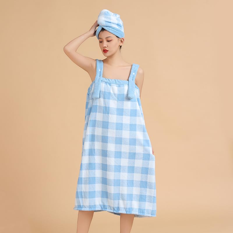 SJTJSPX Badetuch für Damen, Bademantel mit Haarkappe, schnelltrocknend, Badetuch mit verstellbaren Trägern, Knöpfe, Wickelkleid, Rock, Sauna,...