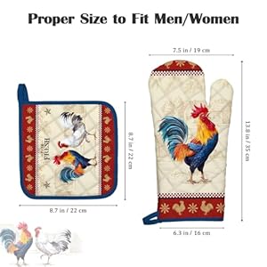 Rooster Oven Mitts and Pot Holders Sets 100 Cotton Heat Resistant Extra Long Oven Gloves Potholder for Kitchen Cooking Baking Housewarming