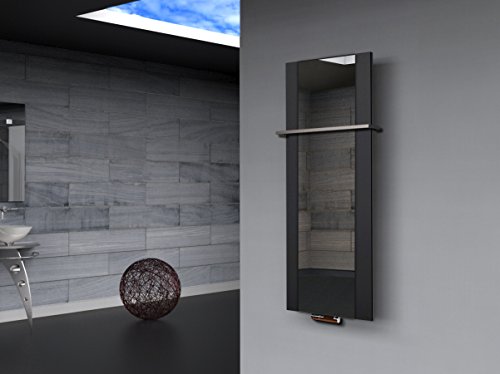 BADHEIZKÖRPER mit Spiegel Design Singapur 2 120x47cm 799 Watt schwarz (+1 Halter 15mm) SZAGATO Handtuchwärmer Handtuchtrockner Handtuchhalter Paneelheizkörper vertikal Mittelanschluß