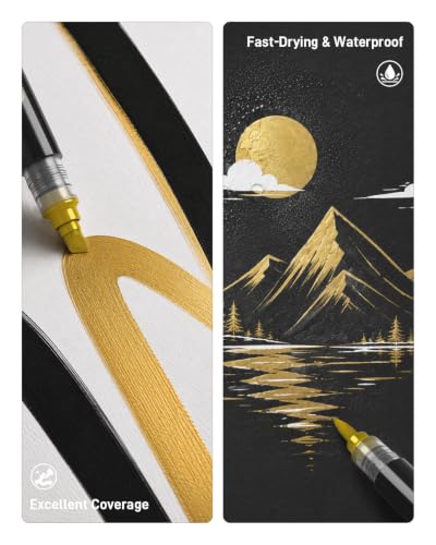 Image of JusArt 3 Gold Dual-Tip Acrylic Paint Markers, Automatic Ink Control | Metallic Paint Markers, Paint Pen for Wood, Glass, Fabric, Rock Painting, DIY Crafts for Adults, Classroom & School Supplies