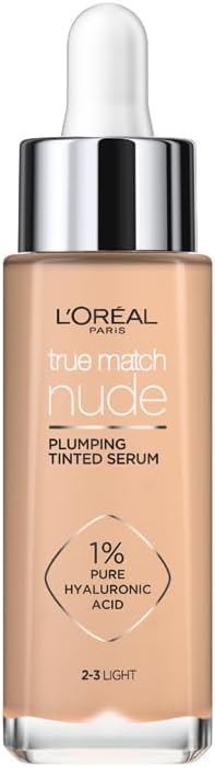 L’Oreal Paris True Match Tinted Serum Foundation, 1% Hyaluronic Acid, Hydrating Formula, Replumps Skin in 1 Hour for a Natural Glowing Finish, 30 ml, Shade 2-3 Light