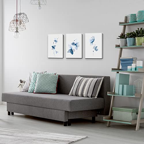 Watercolor Light Blue Flower Wall Art Prints, Navy Botanical Plant Canvas Paintings, Floral Aesthetic Poster Pictures For Bedroom Bathroom Home Room Decor Set Of 3 Framed (8X10) #TOP3