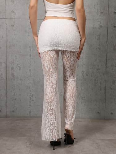 Verdusa Women's Floral Lace Sheer Long Bell Pants High Rise Ruched Flared Bottom2