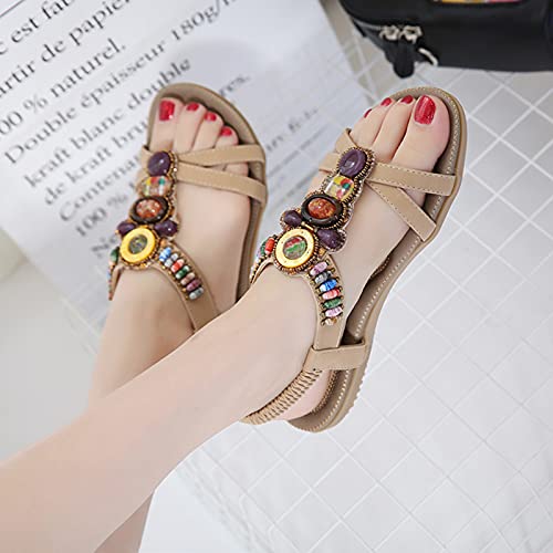 Sytaun Damen Flache Sandale, Damen Sandale, Sommer Böhmische Damen Sandalen Riemen Anti Rutsch Perlen Weiche Einlegesohle Flache Sandalen Für Büro Aprikose 37 Cover
