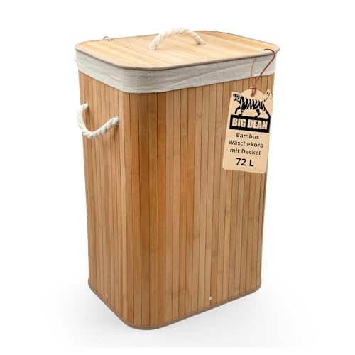 BigDean Wäschekorb Bambus 72L Wäschesammler Wäschetruhe Wäschetonne Wäschekorb mit Deckel Wäschesack herausnehmbar und maschinenwaschbar