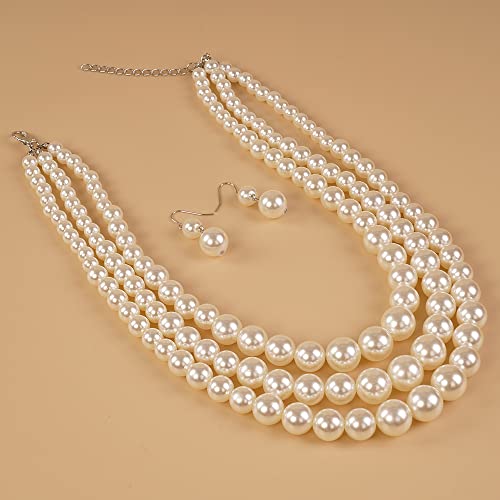 Chargances 3 Layered Beaded Strand Choker Pearl Statement Necklace and Earrings Set Round Ball Chunky Bib Collar for Women Gift Festival Party4