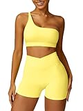 ABOCIW Workout Sets for Women 2 Piece One Shoulder Sports Bra Crossover High Waist Biker Shorts Yoga Gym Sets Yellow Medium