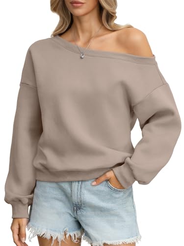EasyGala Womens Fleece Trendy Sweatshirts Oversized Off The Shoulder Pullover Going Out Tops Casual Slouchy Long Sleeve Shirts Comfy Fall Winter Outfits 2026 Fashion Clothes Coffeegrey Medium