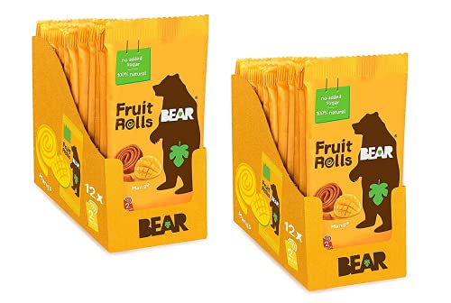 BEAR Real Fruit Snack Rolls - Gluten Free, Vegan, and Non-GMO - Mango â 12 Pack (2 Rolls Per Pack) - Healthy School And Lunch Snacks For Kids And Adults(2-Pack)