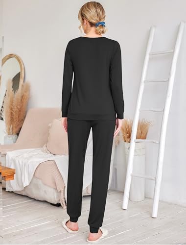 Image of Ekouaer 2 Pack Pajama Sets for Women,Long Sleeve Top With Jogger Pants Lounge Set Sleepwear with Pockets