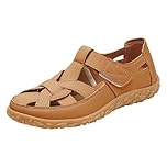 Womens Leather Orthopedic Sandals Closed Toe Hollow Wedge Wide Fit Shoes Ladies Ankle Strap Arch Support Platform Sandals Women Summer Walking Non Slip Slides (Khaki, 6)