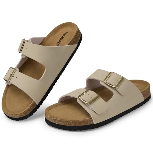 Image of TEMOFON Women's Cork Footbed Sandals: Genuine Leather Comfortable Arch Support Flat - Slip-On Summer Slide Sandals with Adjustable Buckle Beige Size 6.5