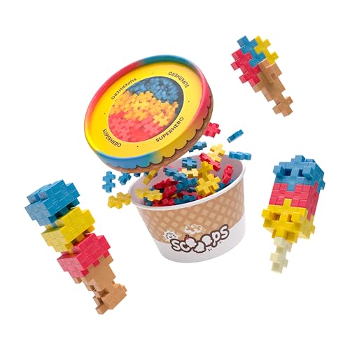 PLUS PLUS Scooops, Superhero- Ice Cream 3D Puzzle Building Block Set, 100 Mini Interlocking Pieces, Fun Stem Toy for Kids