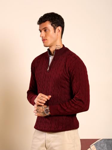 Image of Kvetoo Men's Wool High Neck Zipper Sweater, Full Sleeve Cable Knit Quarter Zip Winter Pullover