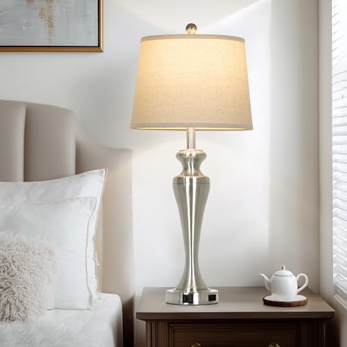 Ruzectt 30" Table Lamps Set of 2, 3-Way Dimmable Touch Bedside Lamp with USB A+C Ports and AC Outlet, Tall Living Room Lamps for Side Table, Modern Brushed Nickel Bedroom Lamp for Nightstand, Silver by Ruzectt - Used condition - Image 5