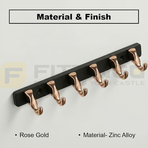 Image of 6 Hook Modern Bathroom Hooks for Hanging /Cloth Hooks for Door Back Side /Cloth Hanger for Wall (Rose Gold with Black) Pack of 2-| 3 Years Warranty |