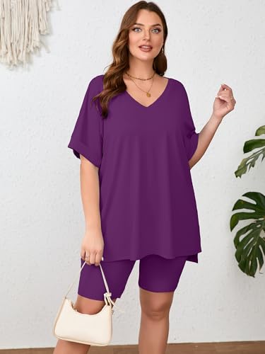 Image of AusLook Women's Plus Size 2 Piece Short Outfits Set Short Sleeve Tops and Shorts Pants Lounge Jogging outfits Matching Set