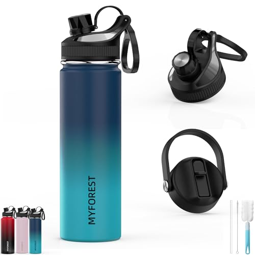 MYFOREST 680ml/22oz Insulated Water Bottle, 2 Lids for Small Sip/Large Gulp, 100% Dishwasher-Safe/Leak-Proof/BPA-Free/Top Handle/Carbonated Drinks/Cold/Hot