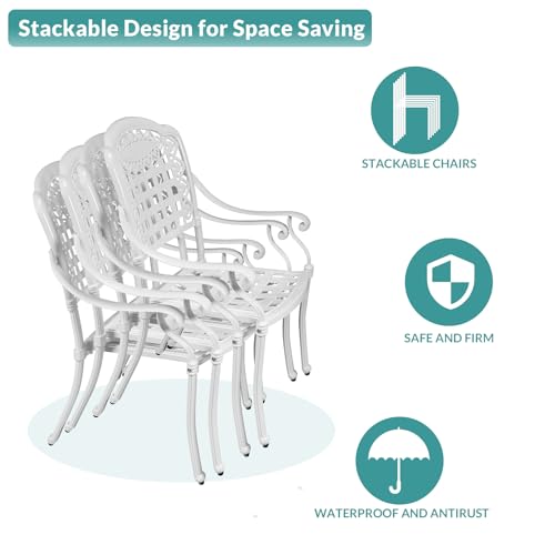 Image of MEETWARM 7-Piece Outdoor Patio Dining Set, 6 Outdoor Dining Chairs and 1 Rectangle Table with 2 inch Umbrella Hole, All Weather Cast Aluminum Patio Funiture Set for Backyard, Patio(White)
