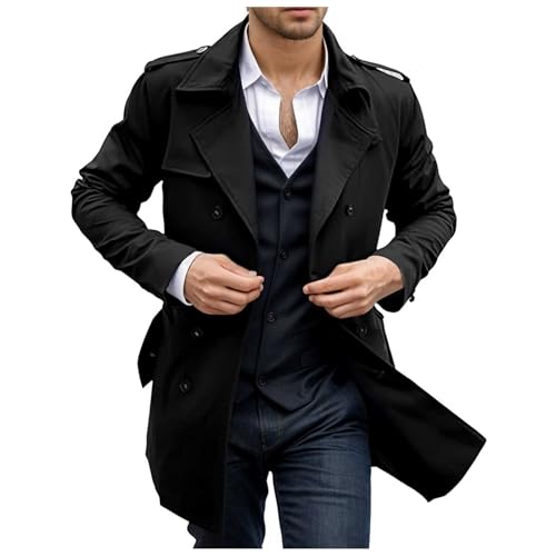Image of Mymyguoe Coat Men's Medium Length Trench Coat Winter Business Slim Fit Jacket with Button Placket Medium Length Outdoor Jacket Windproof Thickened Winter Jacket Thickened Plush Cardigans, Q1 black