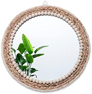 15 Inch Boho Wall Hanging Mounted Mirror,Rattan Mirror,Round Mirrors Wall Decor for Porch，Farmhouse, Living Room, Bedroom, Bathroom (Boho)