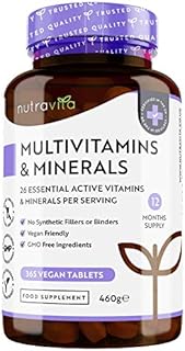 Multivitamins & Minerals - 365 Vegan Multivitamin Tablets - 1 Year Supply - Multivitamin Tablets for Men and Women with 26 Essential Active Vitamins & Minerals - Made in The UK by Nutravita