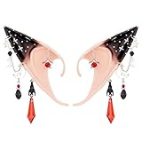 FRESHME Gothic Fairy Pixie Elf Ears - Black Ears with Piercings Silicone Ear with Non-Piercing Bat Red Crystal Earring Halloween Renaissance Costume Renfaire Goth Rave Anime Cosplay Accessories