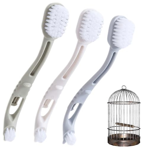 Bird Cage Cleaning Brush with Long Handle, Durable Hard Bristle Scrub Brush for Bird Droppings, Parrot Cage Cleaner Tool (Grey, Beige, Green, 3 Pcs)