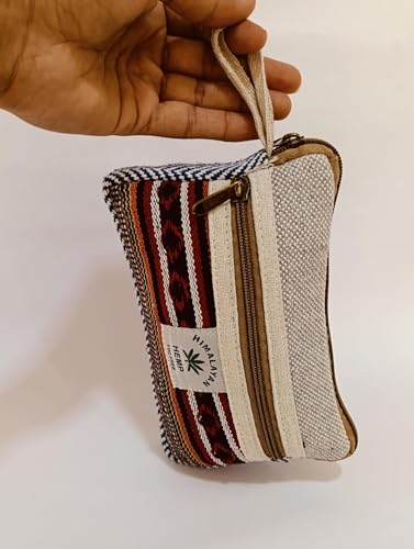 Image of Kedar Kripa Hemp Ethnic Pattern Round Pouch Bag and Rectangular Pouch Bag (Set of 2) Traditional Women /Men Design, Multi-Color Striped Canvas Bags with Zipper Closure