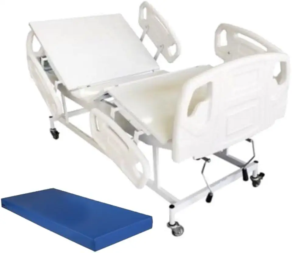 Cama Hospitalar Manual 2 Manivelas com Altura fixa do Leito e 6 posições com Colchão D28 Grades Luxo