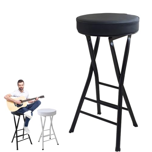 折りたたみ椅子 バースツール 座面高63cm 足置き付きのベランダ用折りたたみスツール おしゃれ 現代風、カウンターチェア 丸型布張りハイチェア ソフトで快適、カウンター スツール アウトドア チェア 持ち運び便利(Black)