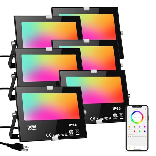 LED Flood Lights RGB Color Changing 300W Equivalent Outdoor 30W Bluetooth Smart RGB Floodlight APP Control IP66 Waterproof Timing 2700K&16 Million Colors 23 Modes for Garden Stage Lighting 6 Pack