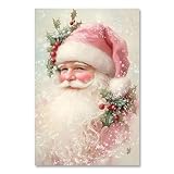 Yermidi Pink Vintage Santa Claus Christmas Wall Art Retro Holiday Canvas Print Festive Santa Artwork Poster Farmhouse Christmas Pictures Wall Decor for Living Room Fireplace 8x12inch Unframed