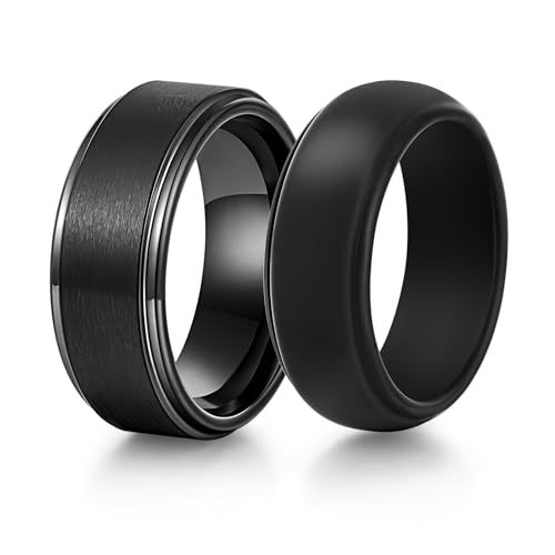 VNOX 2PCS Mens Wedding Band Set Silicone Tungsten Rings for Men，8mm Black Ring Promise Engagement Anniversary Bands Comfort Fit Size 8-12