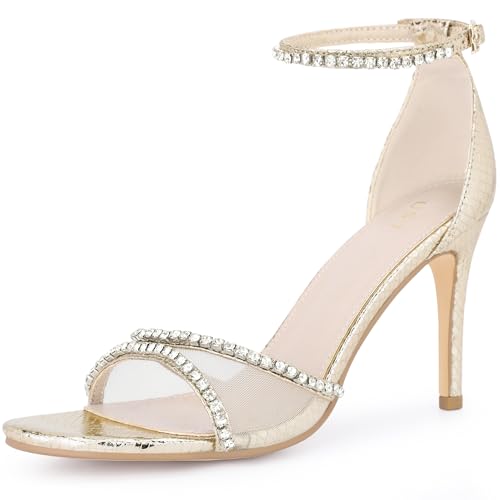 Perphy Rhinestone Open Toe Mesh Stiletto Heels Ankle Strap Sandals for Women Gold 6 UK/Label Size 8 US