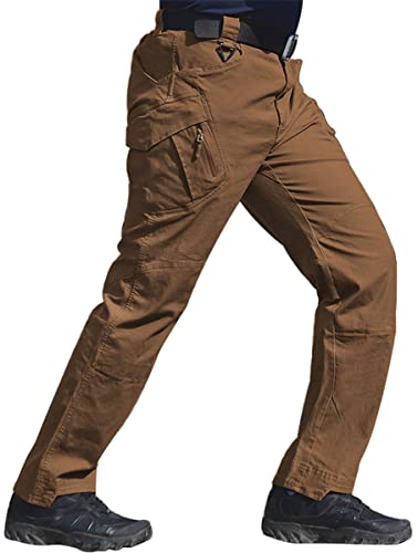 Susclude Mens Stretch Military Pants Ripstop Cargo Pants Lightweight Outdoor Work Trousers With Zipper Pockets Brown 34Wx32L #TOP1